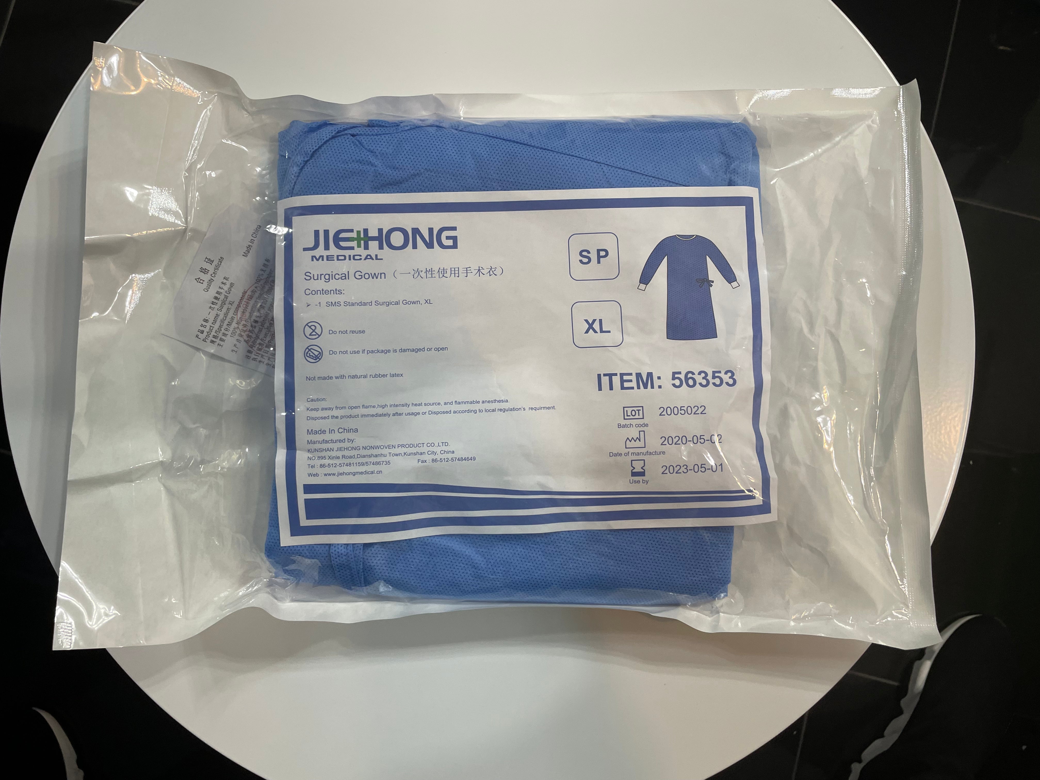 Jiehong Surgical Medical Gowns XL- Individual sealed pack, white knitted cuffs, velcro neck, belt 56353