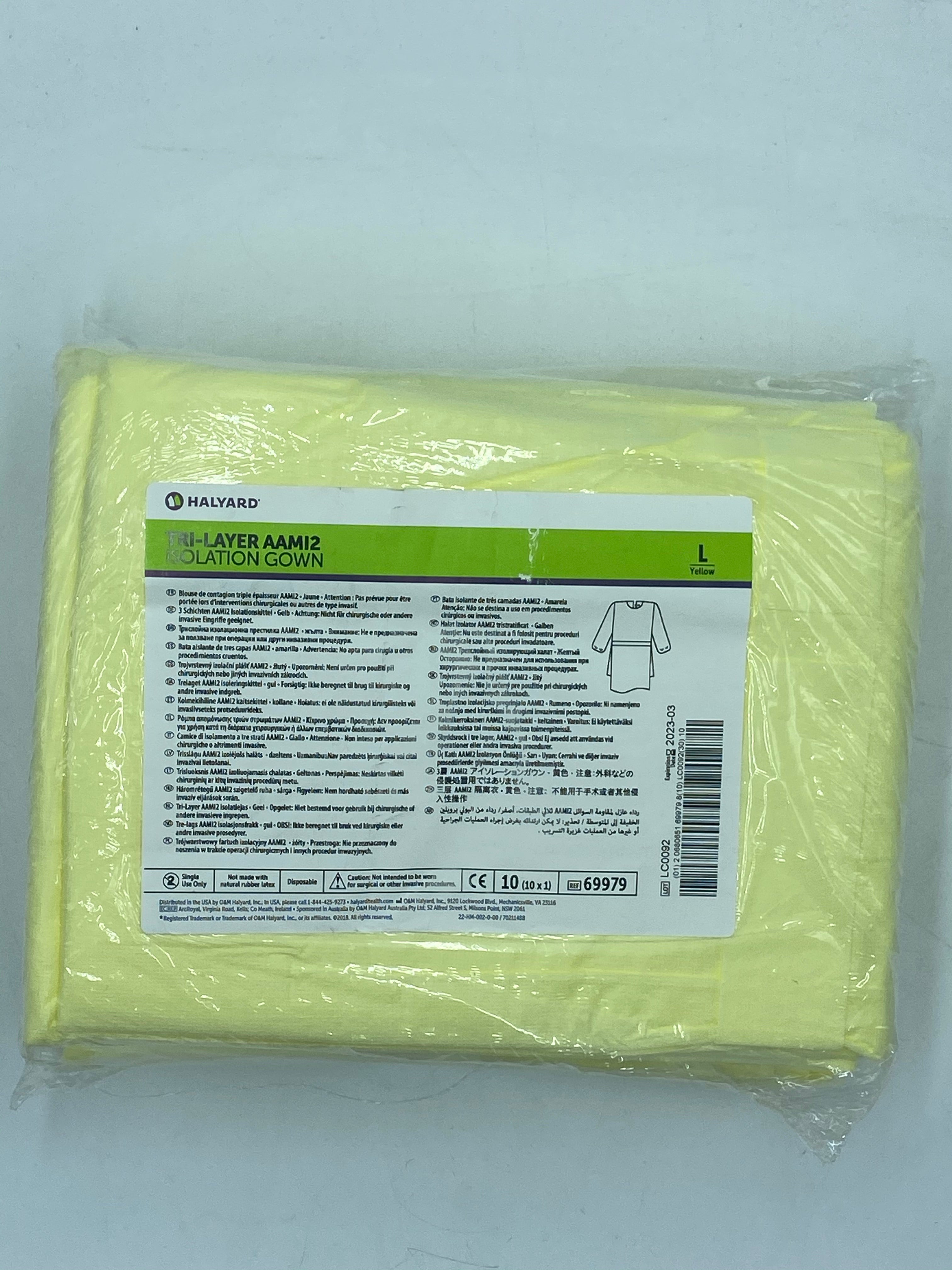 HALYARD Tri Layer AAMi2 Isolation Gown 3 Layer SMS Large Yellow (Case of 100) Model 69979 69979